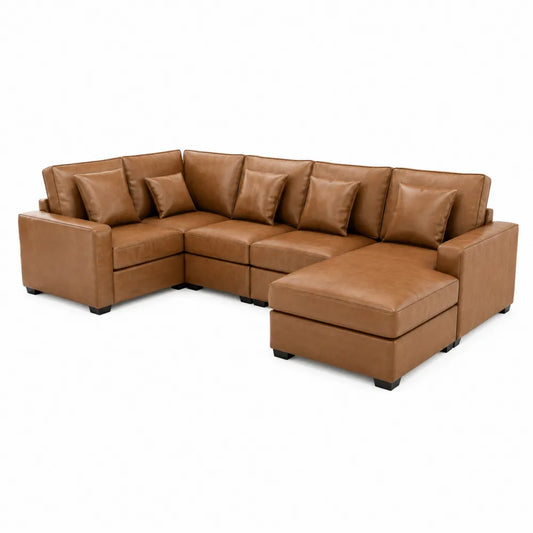 Sofá seccional en L de cuero sintético marrón con chaise longue