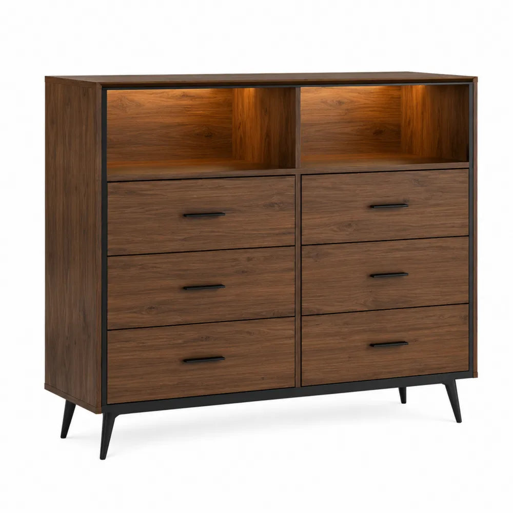 Cajonera de Madera Marrón y Negro con Cajones y Estantes Abiertos