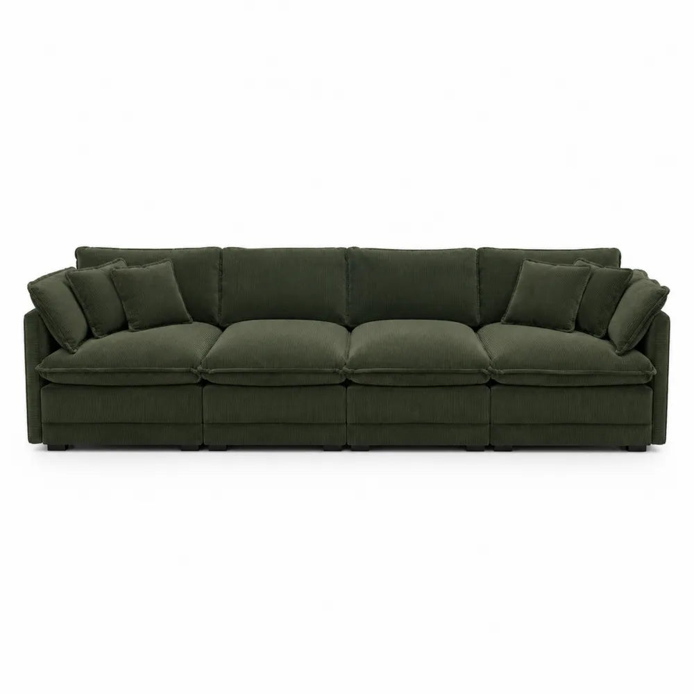 Sofá modular de pana verde oscuro 4 plazas con cojines