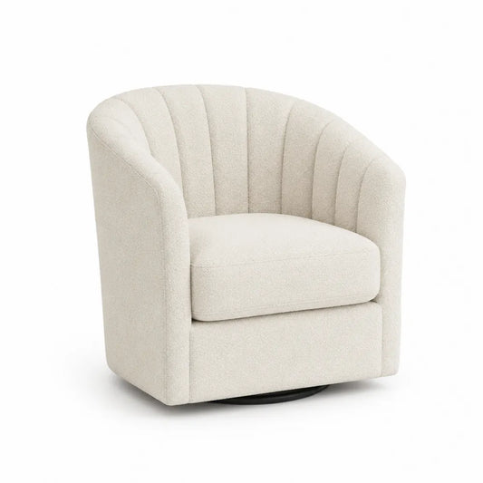 Sillón giratorio beige de tela con respaldo curvo
