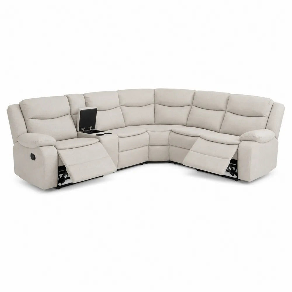 Sofá rinconero reclinable de tela beige con porta vasos
