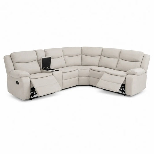 Sofá rinconero reclinable de tela beige con porta vasos