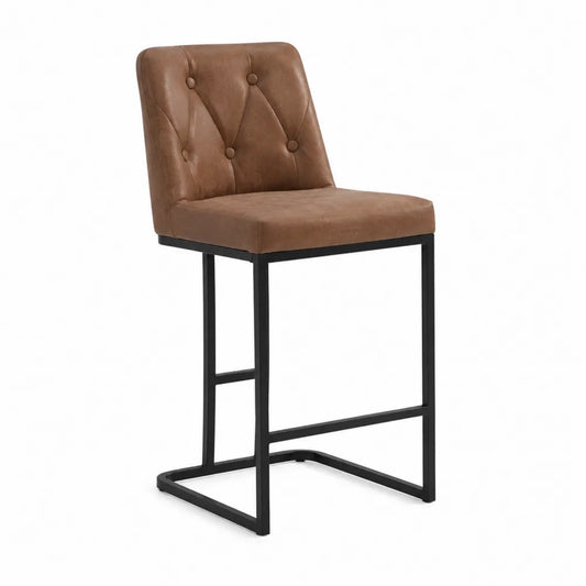 Taburete de bar de cuero sintético marrón con estructura de acero negro