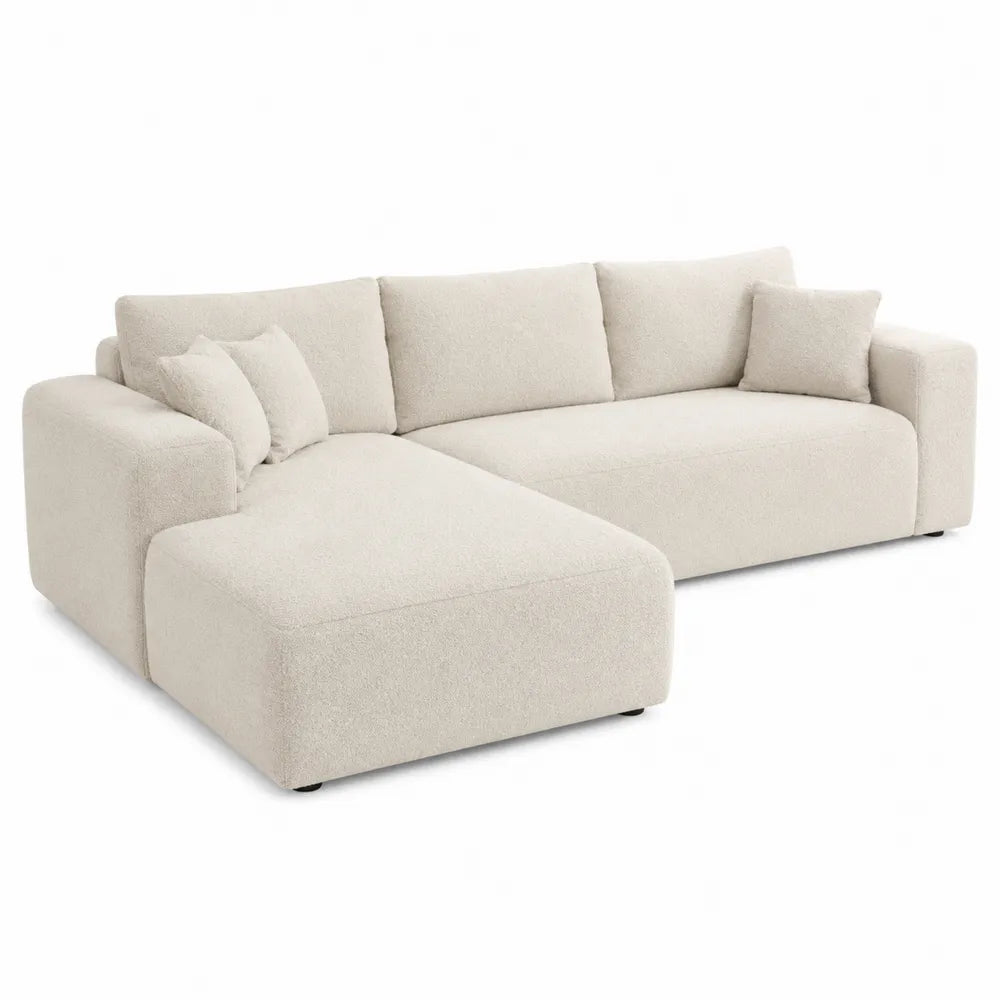 Sofá rinconera de tela bouclé beige con chaise longue de 280 cm