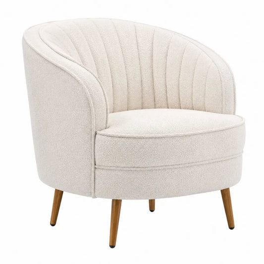 Sillón redondo en poliéster beige con patas de madera de haya