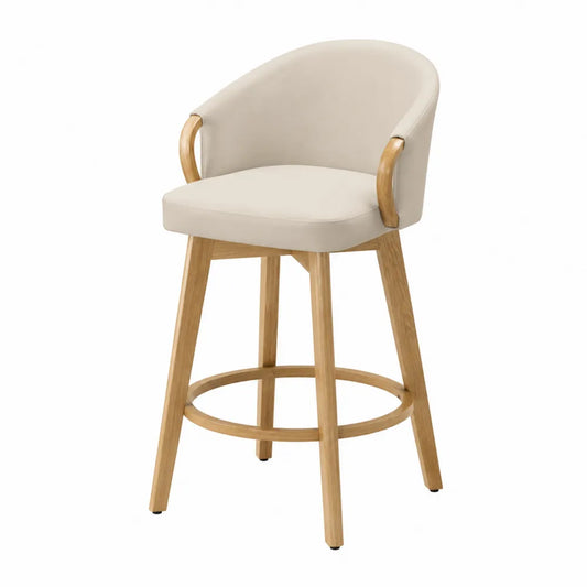 Silla giratoria de cuero sintético beige y madera de roble