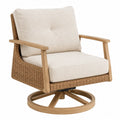 Sillón giratorio de madera y mimbre con cojines beige