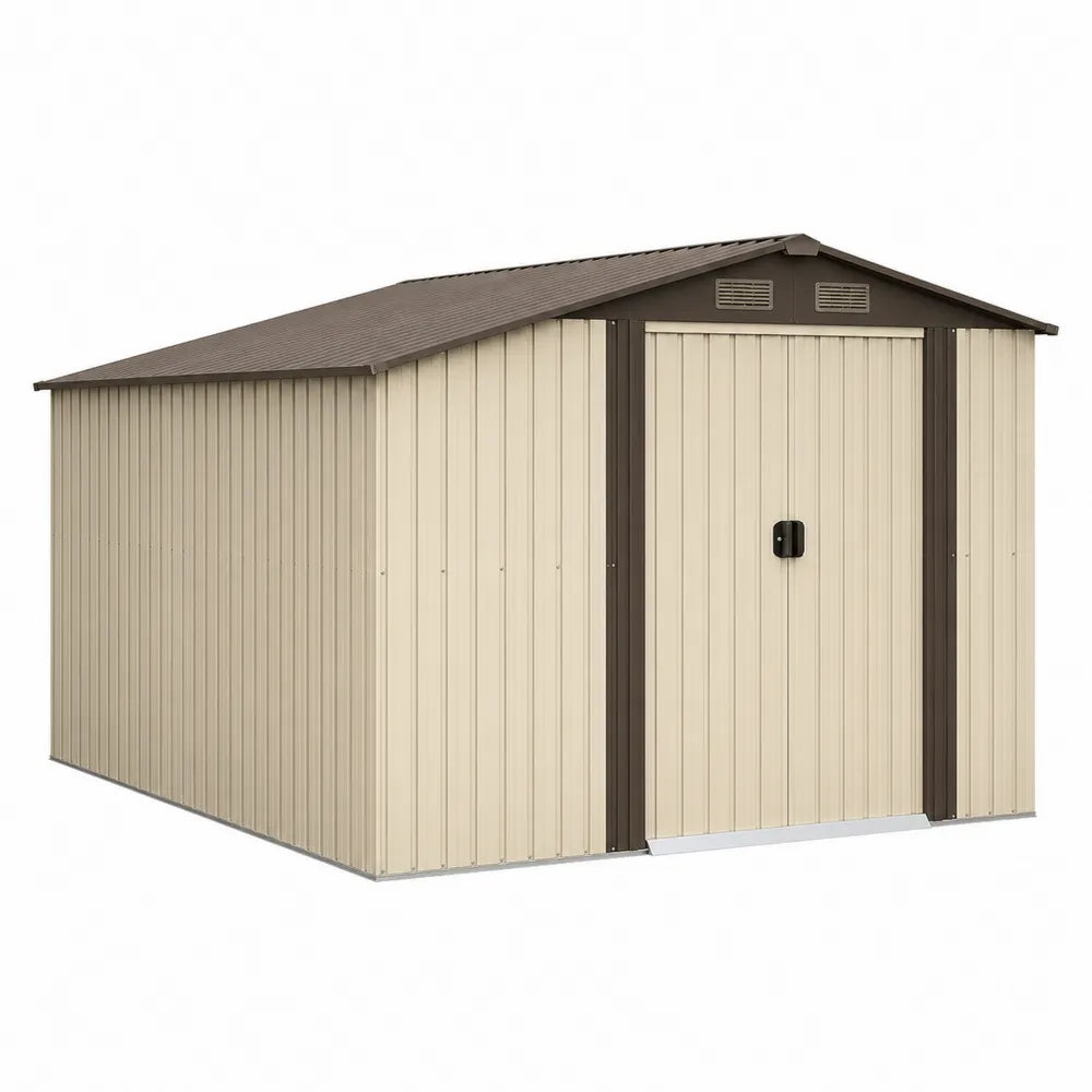 Cobertizo de metal beige y marrón con puerta deslizante 3x3m