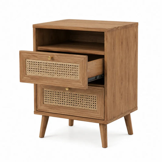 Mesita de noche de madera de roble y ratán natural