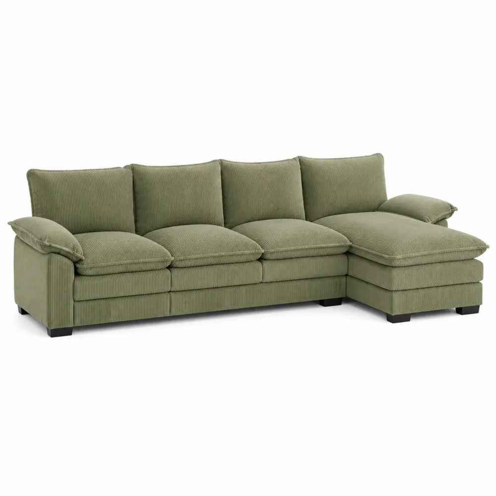 Sofá esquinero de pana verde con chaise longue