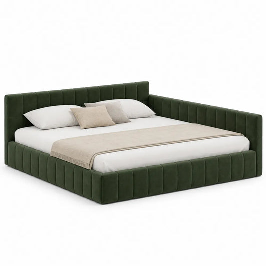 Cama tapizada en terciopelo verde oscuro 220x220 cm