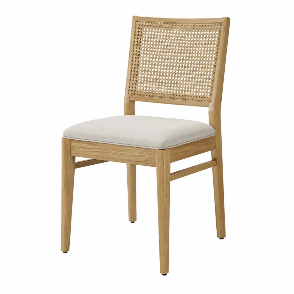 Silla de madera de roble y ratán con asiento de tela beige
