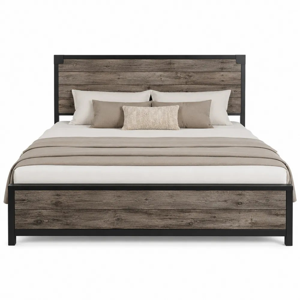 Cama doble de madera y metal marrón/negro 200x150 cm