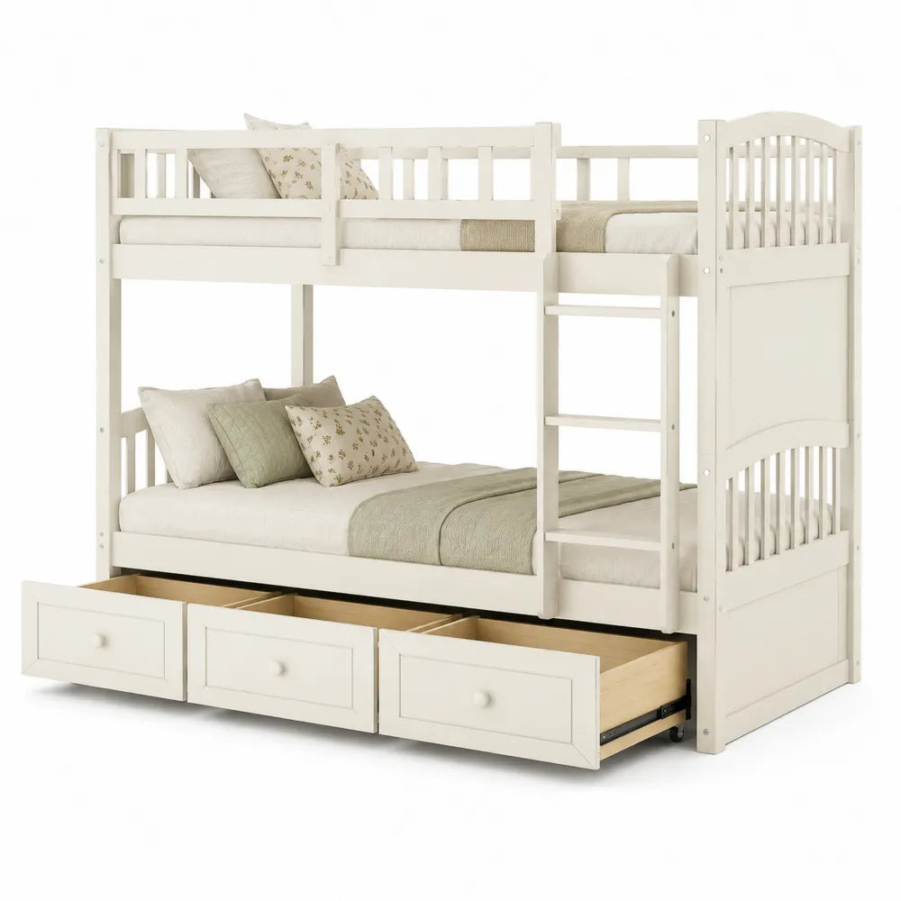 Litera de madera con cajones de almacenamiento blanco