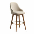 Taburete de Tela Beige con Patas de Madera y Reposapiés Metálico