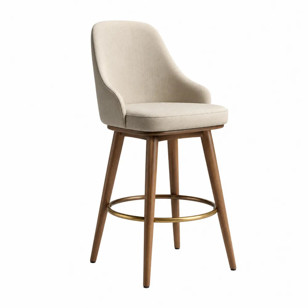 Taburete de Tela Beige con Patas de Madera y Reposapiés Metálico