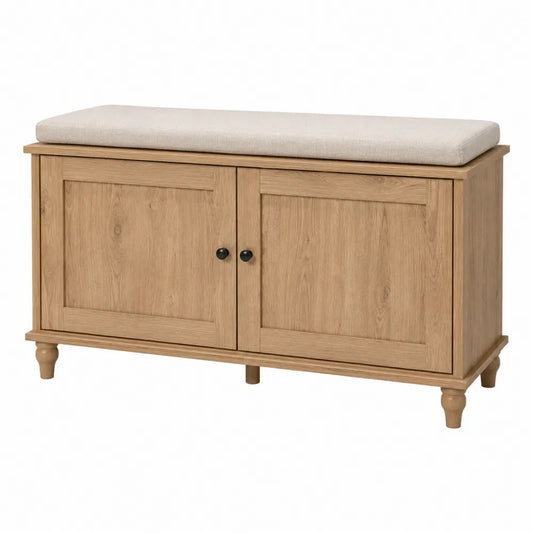 Banco de madera con cojín beige y almacenamiento