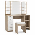 Tocador de madera con espejo iluminado y taburete, beige