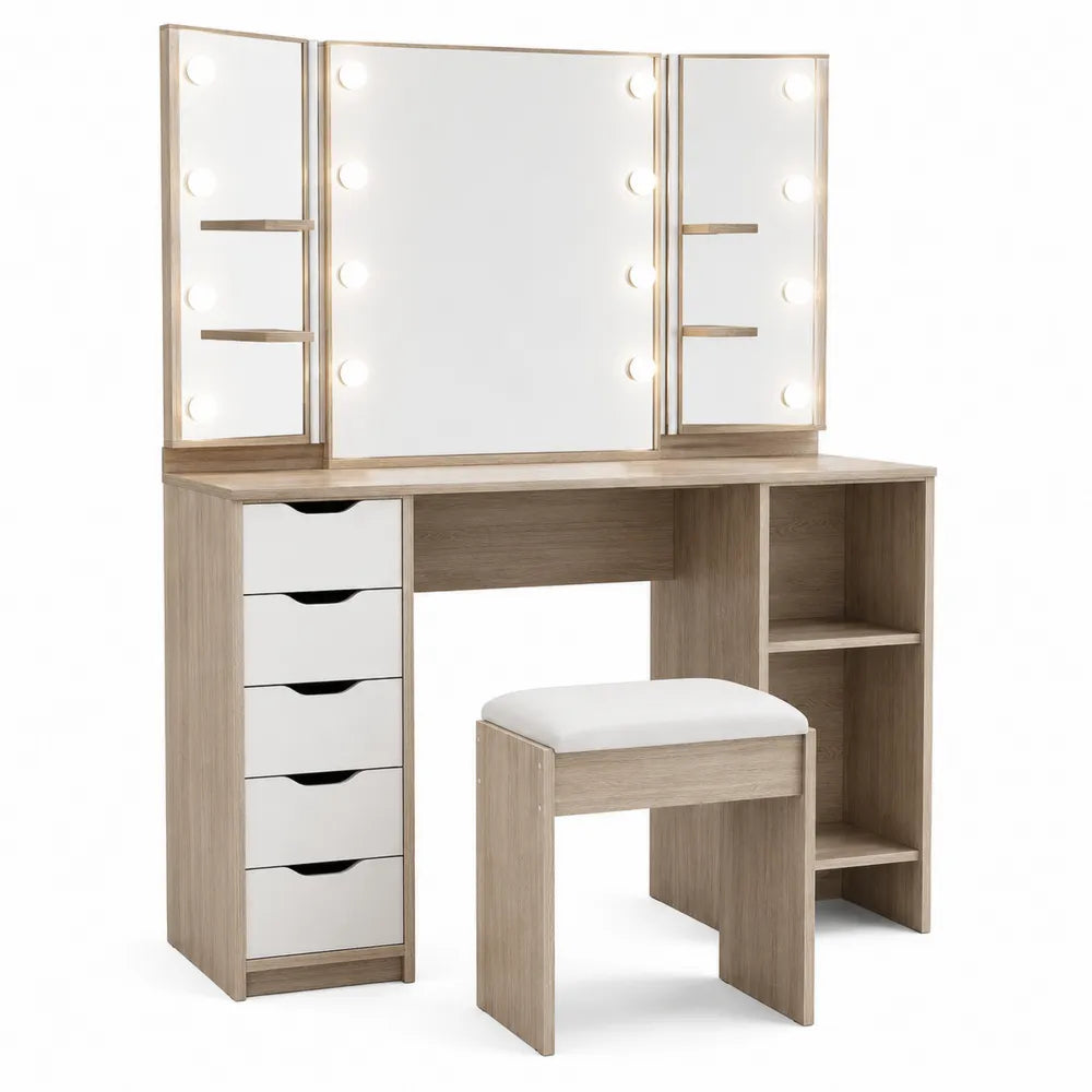 Tocador de madera con espejo iluminado y taburete, beige