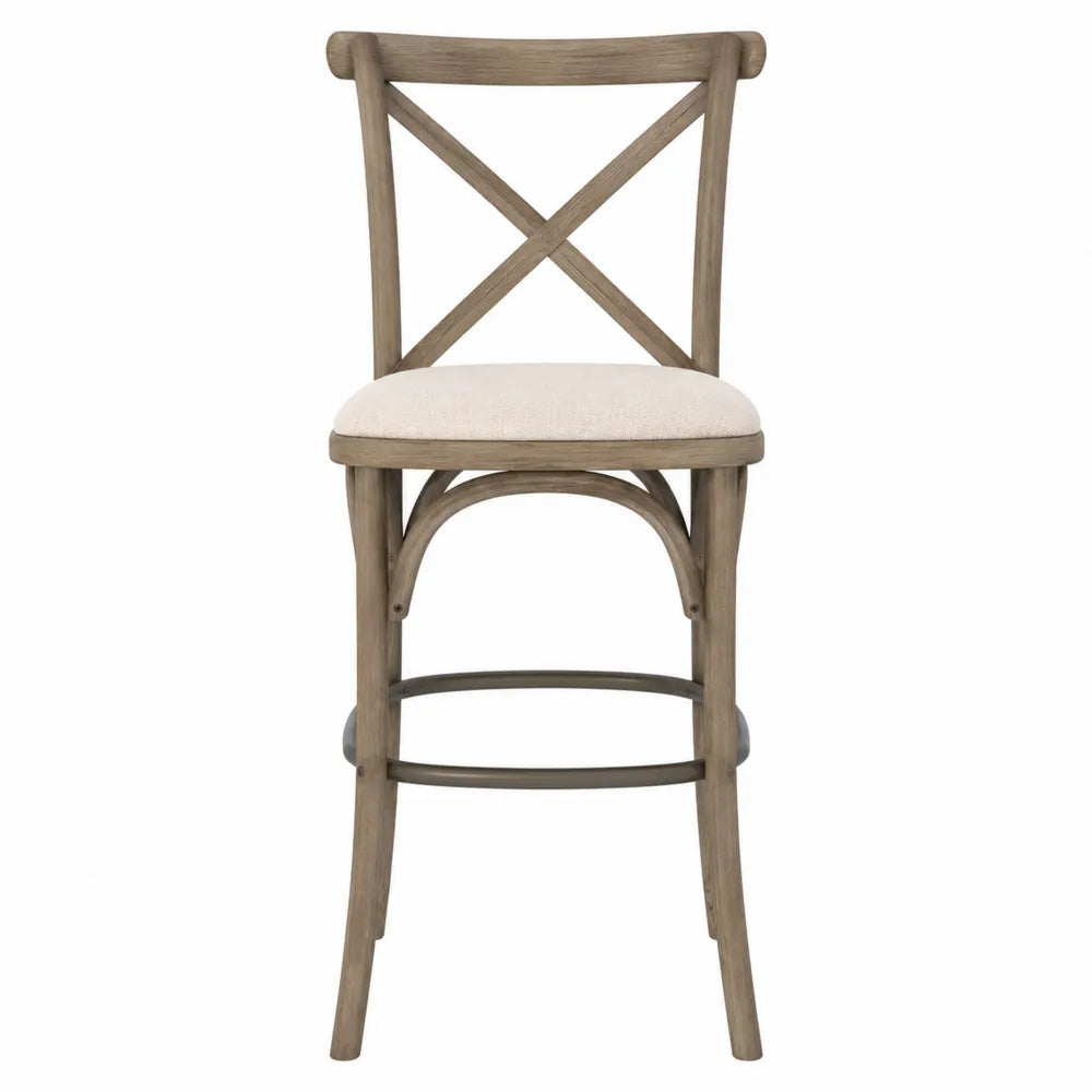 Taburete de madera y poliéster beige con respaldo cruzado