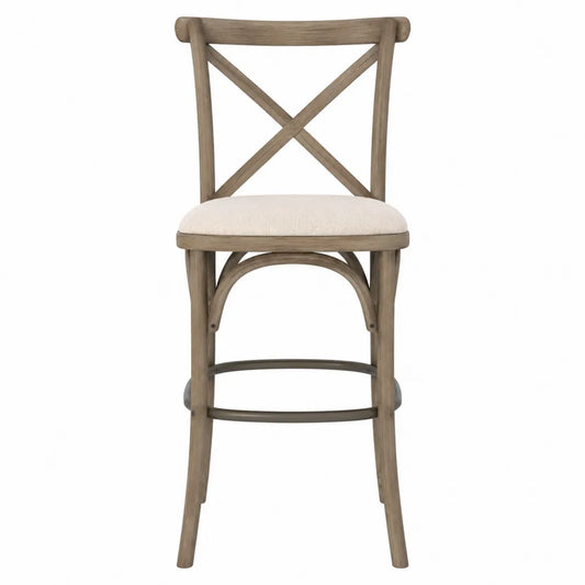 Taburete de madera y poliéster beige con respaldo cruzado