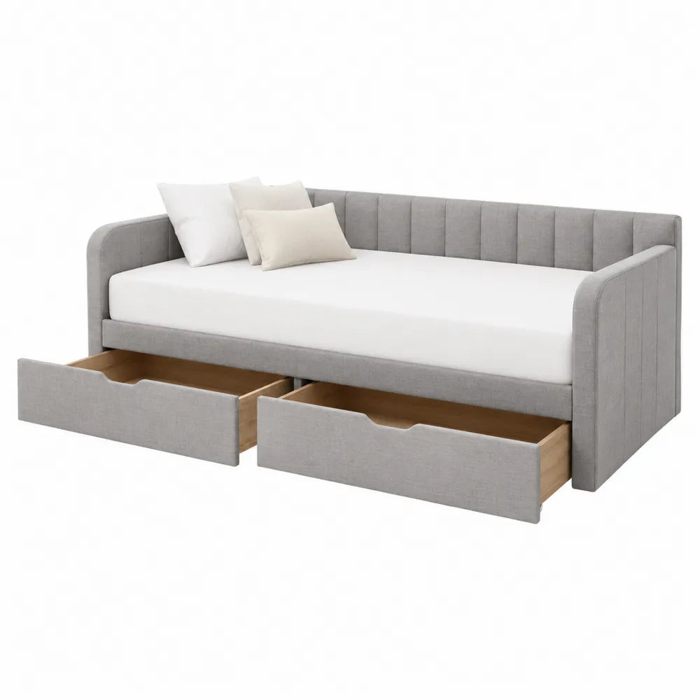 Cama nido con tela de poliéster gris y cajones de almacenamiento