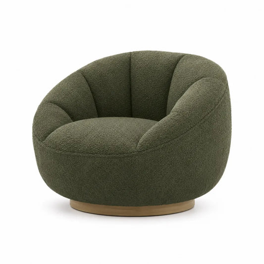 Sillón giratorio de madera y tejido bouclé verde oscuro