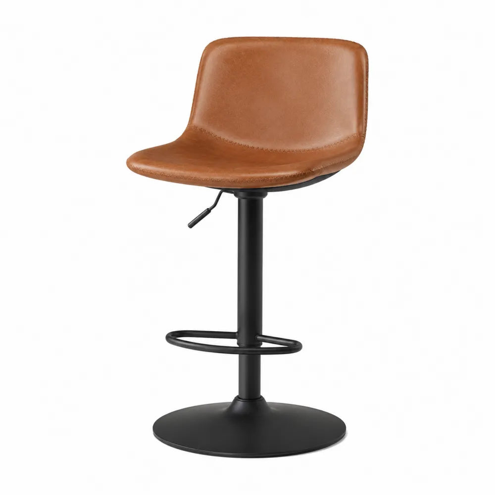 Taburete de Bar Ajustable de Cuero Sintético Marrón con Base Metálica Negra