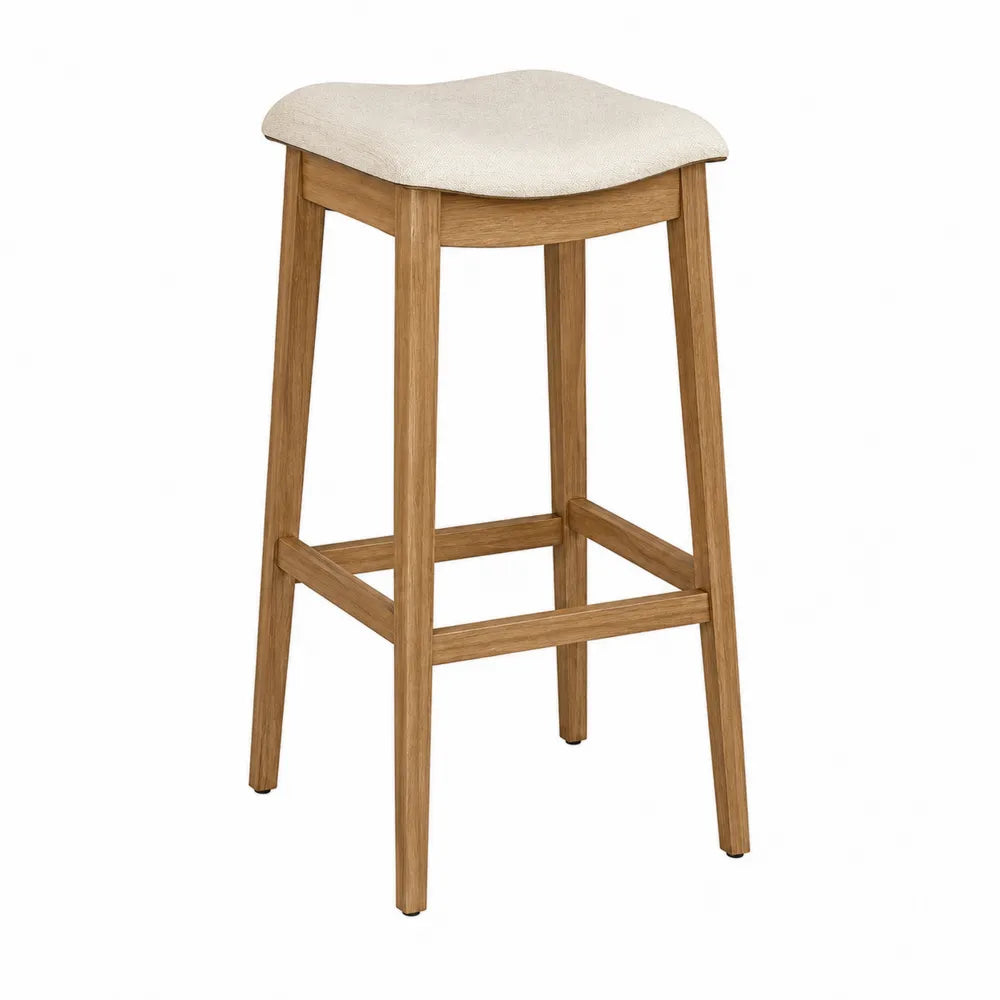Taburete de madera con asiento de tela beige