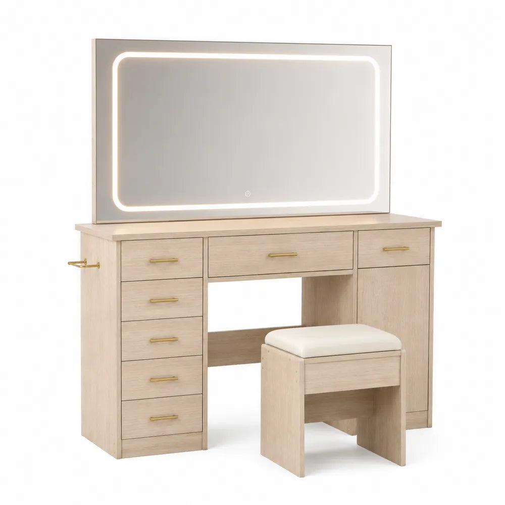 Tocador de madera contrachapada con espejo LED y taburete