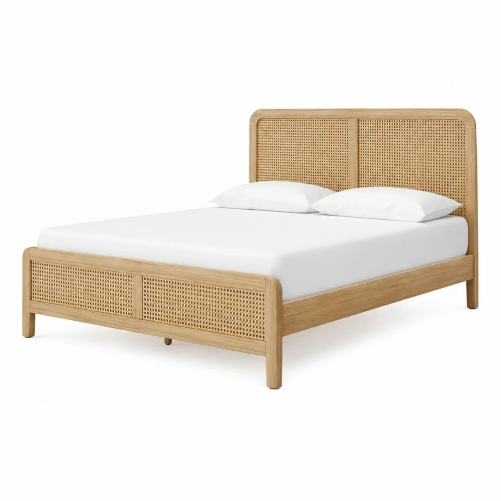 Cama de Roble y Ratán con Cabecero