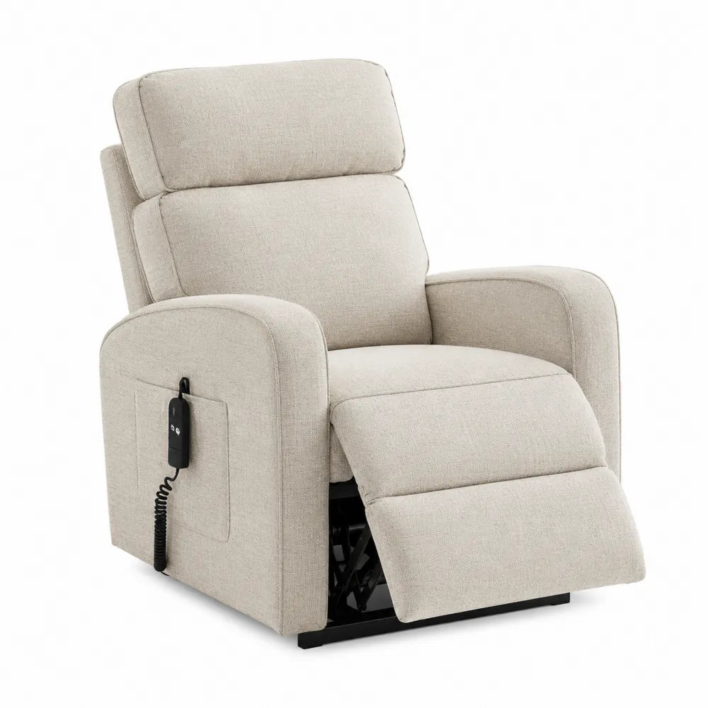 Sillón reclinable de tela beige con mando a distancia