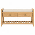 Banco de madera con cojín beige y cajones