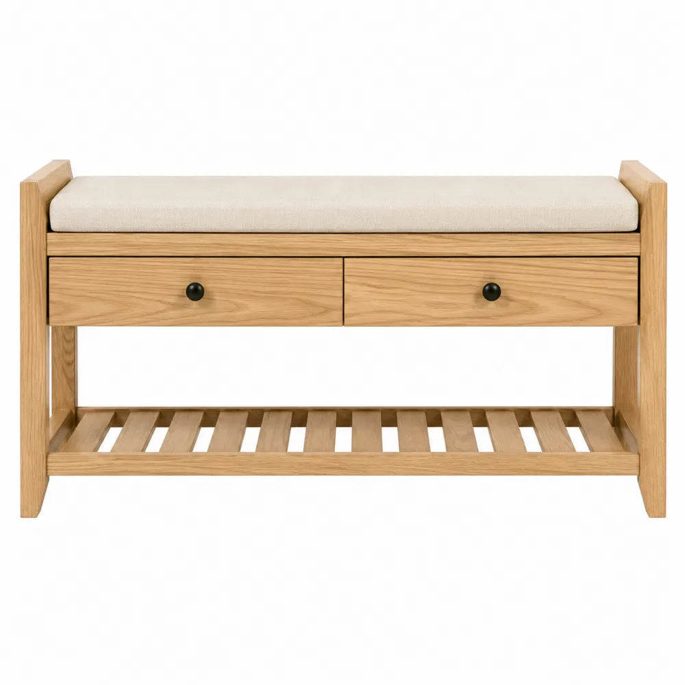 Banco de madera con cojín beige y cajones