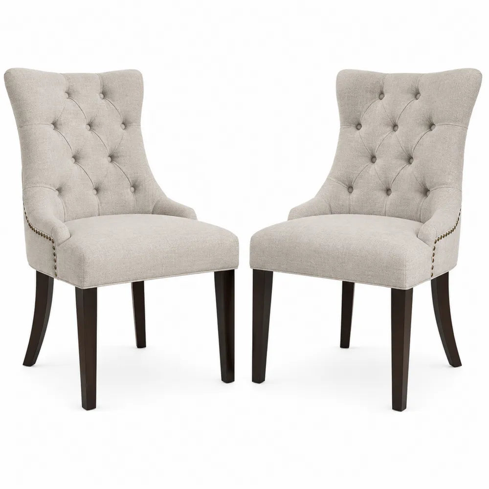 Juego de 2 sillas de comedor de lino beige con patas de madera oscura