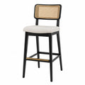 Taburete de bar de madera y ratán con asiento de tela beige