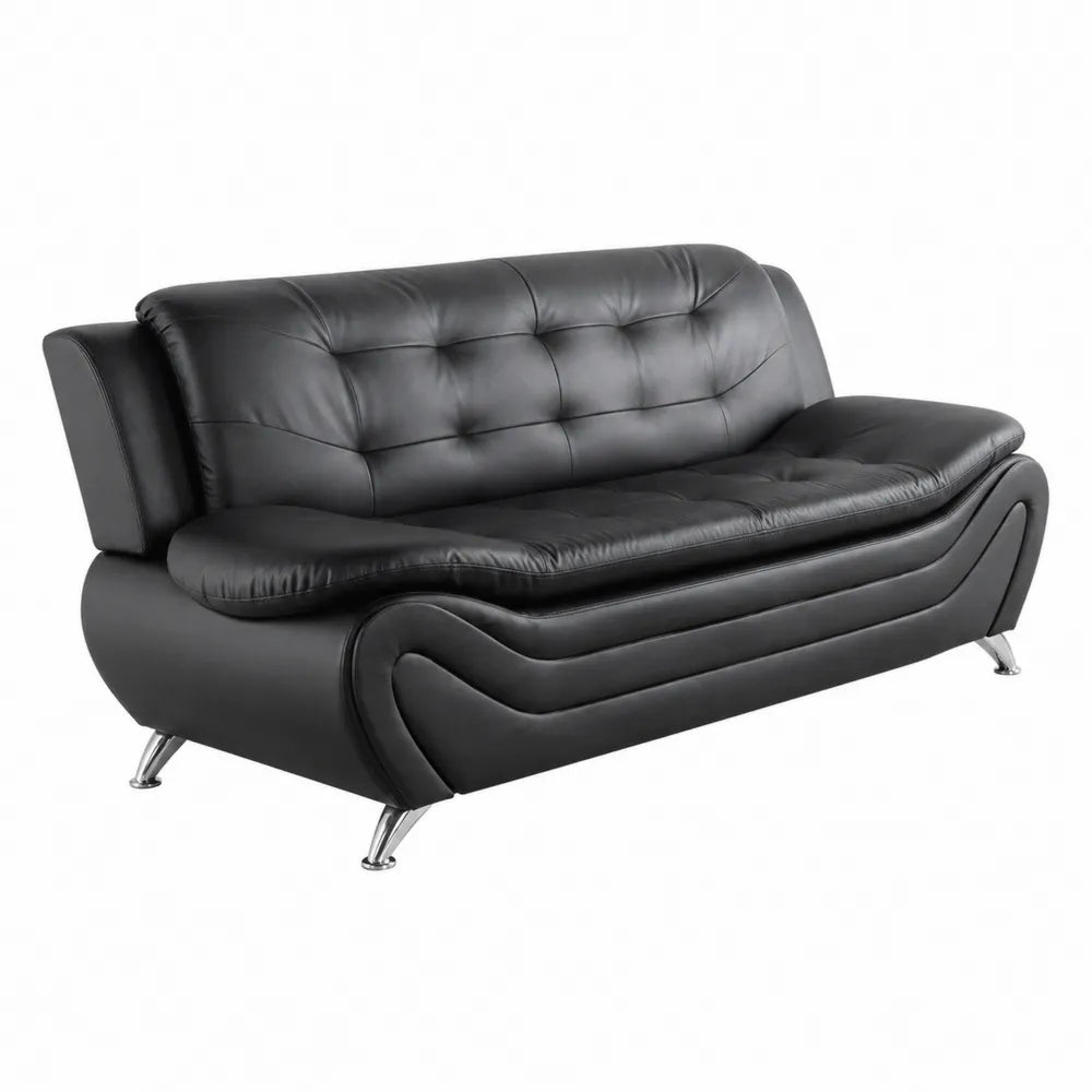 Sofá de tres plazas de cuero sintético negro con patas cromadas 210x85x90 cm