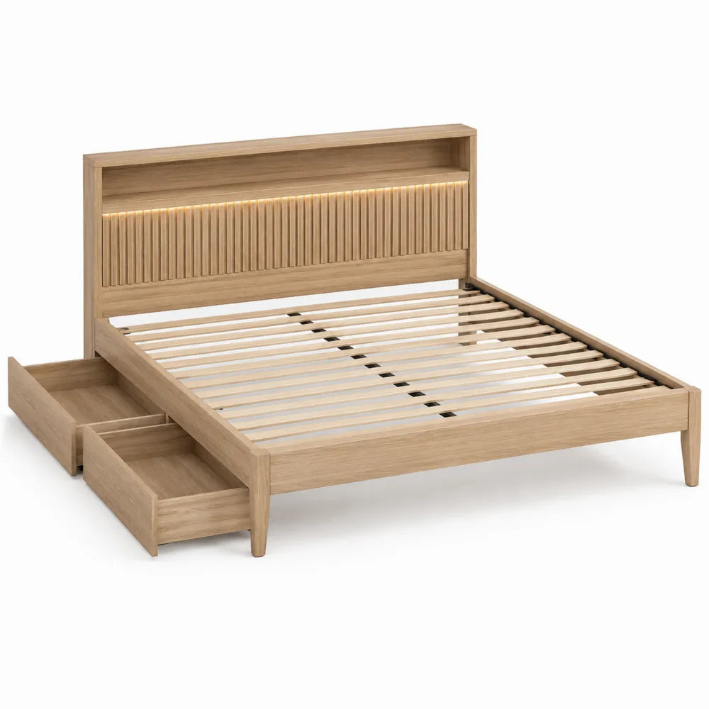 Cama de madera de roble con cabecero LED y cajones 200x160 cm