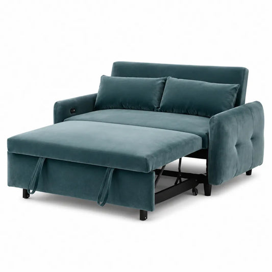 Sofá cama de terciopelo azul oscuro con cojines 200 cm