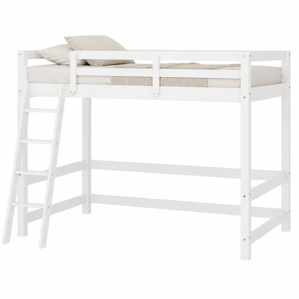 Cama alta de madera maciza blanca 200x90 cm con escalera