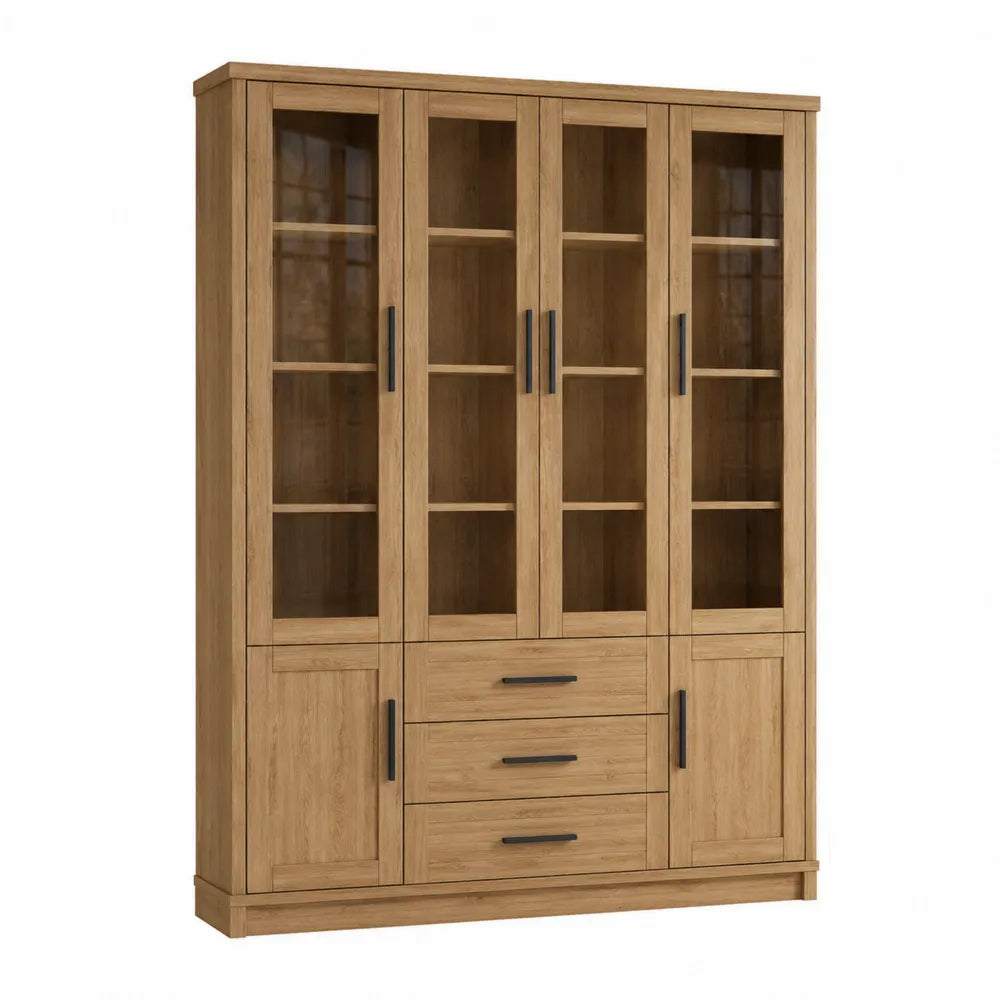 Vitrina de Madera Maciza con Puertas de Vidrio y Cajones