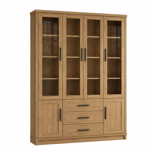 Vitrina de Madera Maciza con Puertas de Vidrio y Cajones