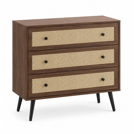 Cómoda de madera con 3 cajones de ratán 80x40x90 cm