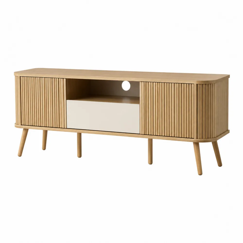 Mueble para TV de madera y MDF en color natural y blanco
