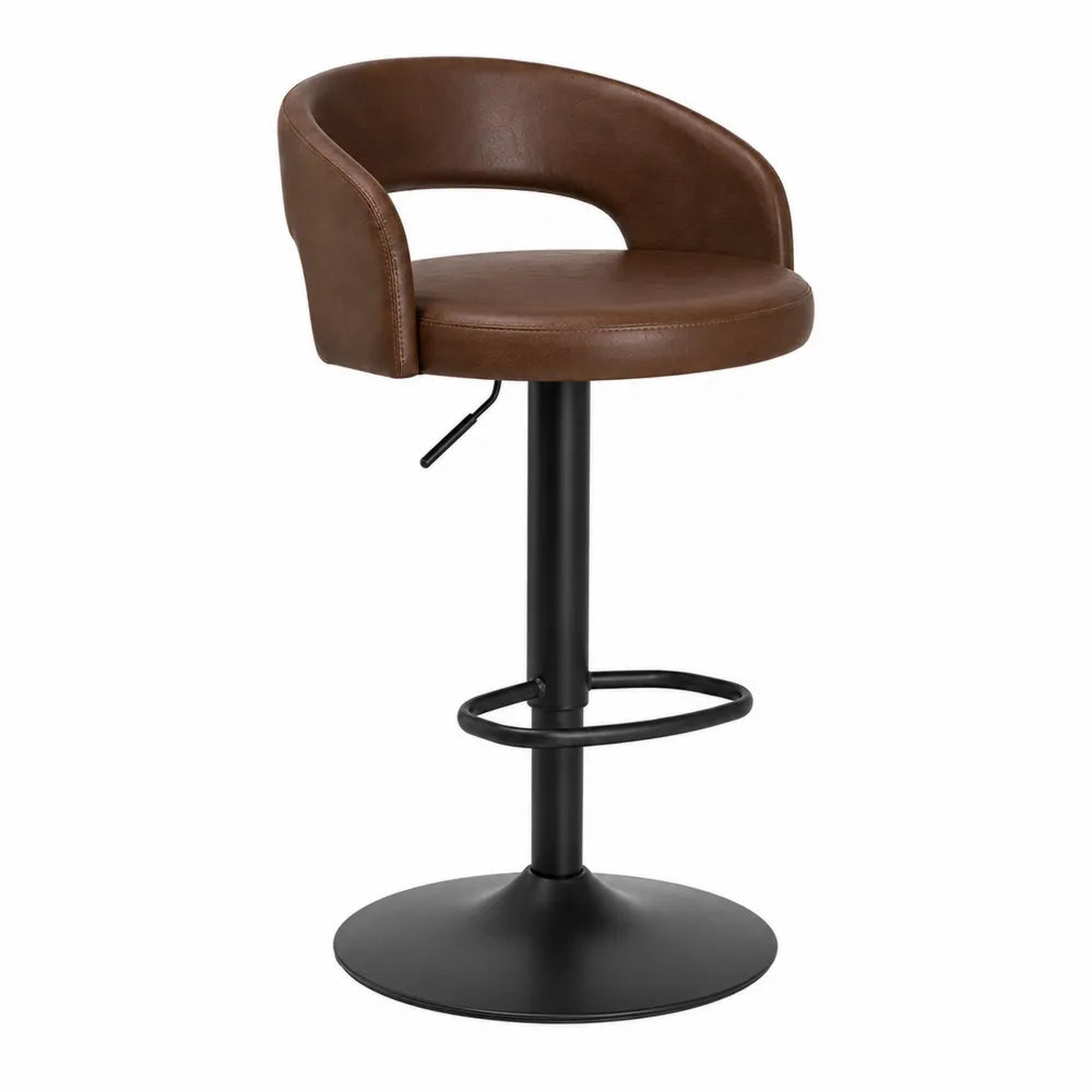 Taburete Elevable de Piel Sintética Marrón con Base de Metal Negro
